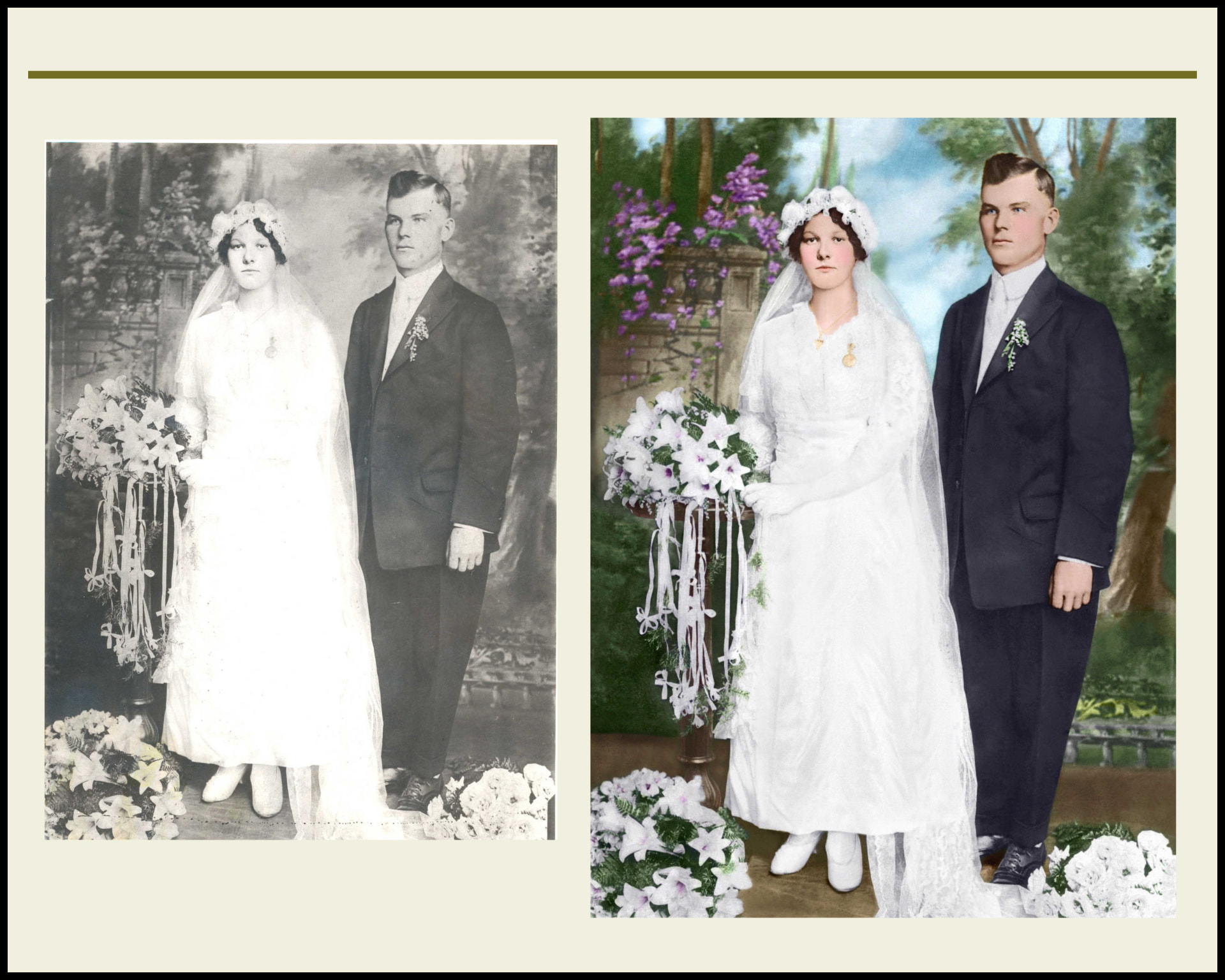 A vintage wedding portrait shown before and after restoration and colorization